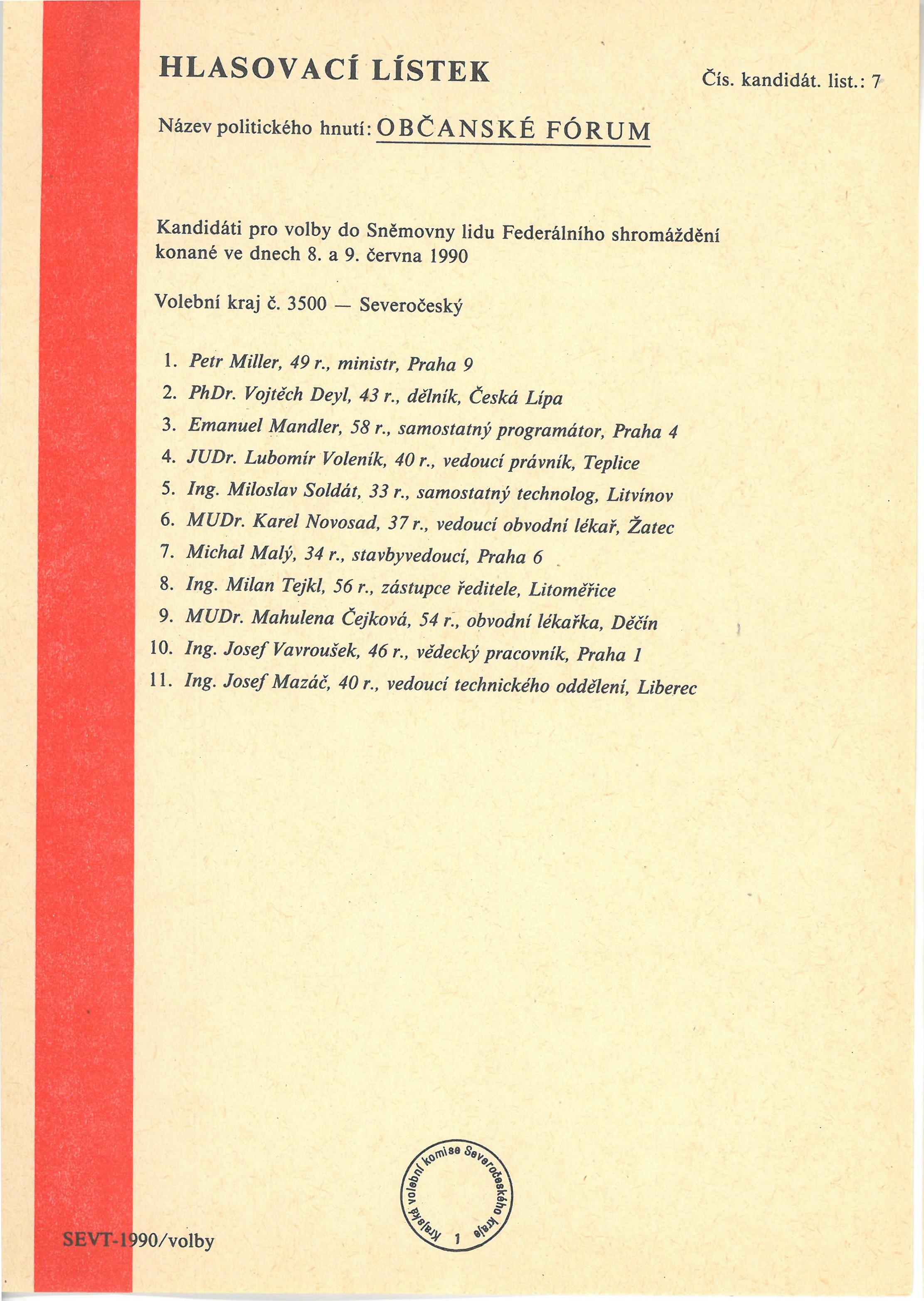 5. Volební lístek OF do Sněmovny lidu FS 1990