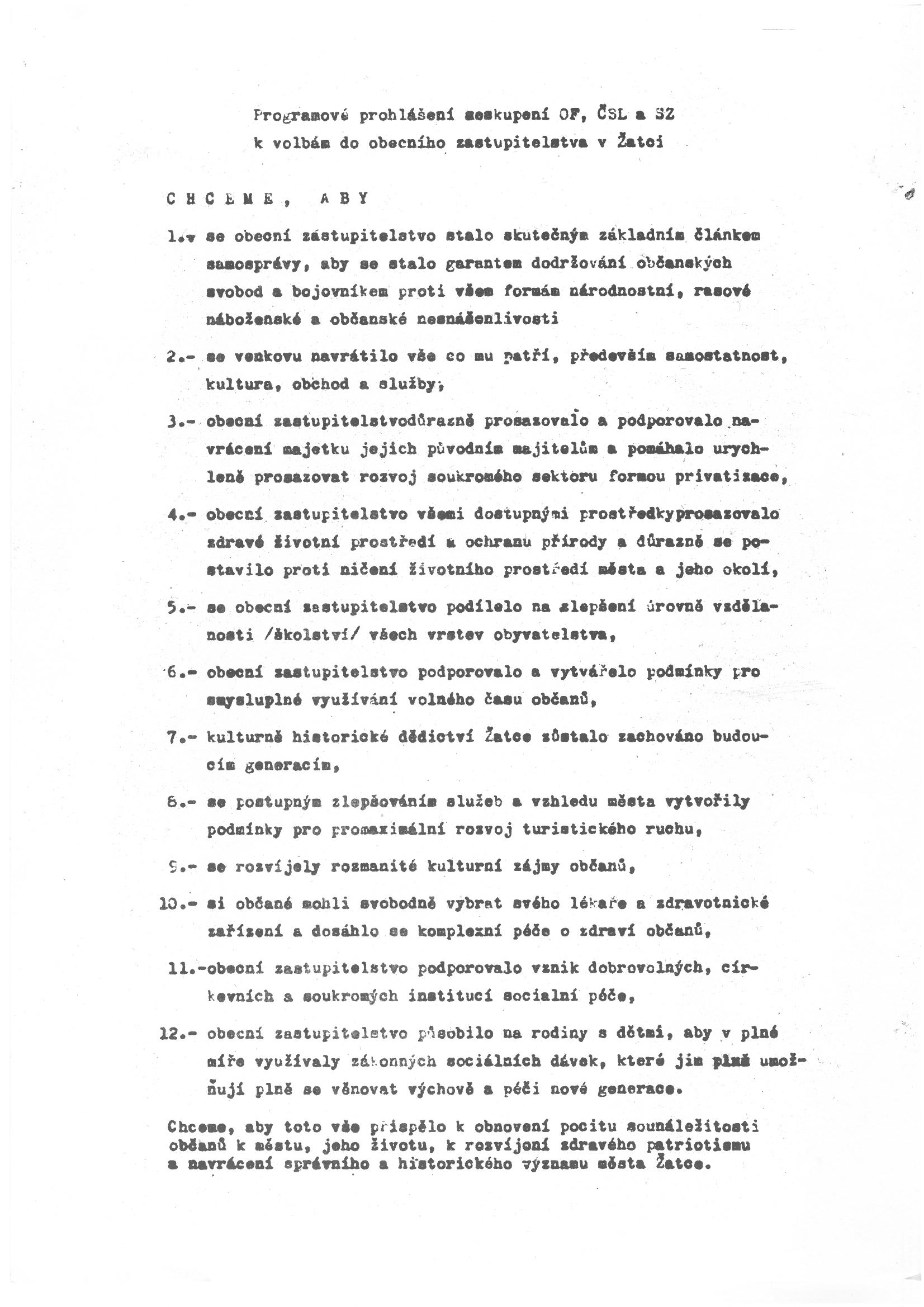 6. Programové prohlášení seskupení OF, ČSL aSZ k volbám do obecního zastupitelstva v Žatci 1990