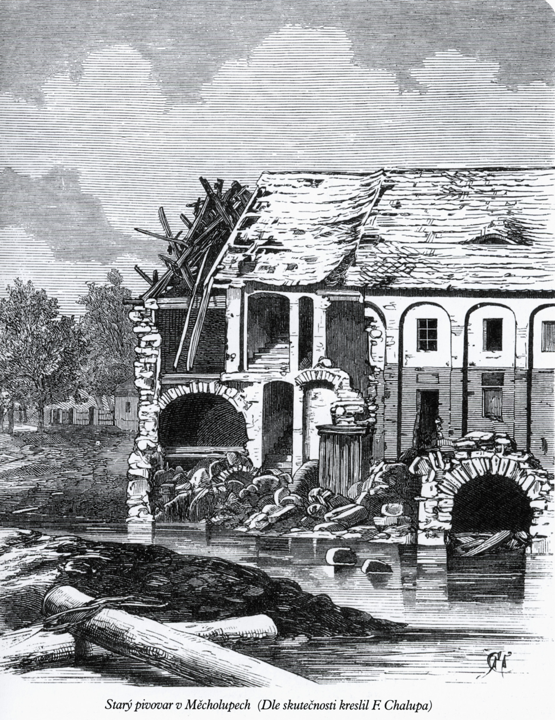 Škody na starém pivovaru v Měcholupech roku 1872