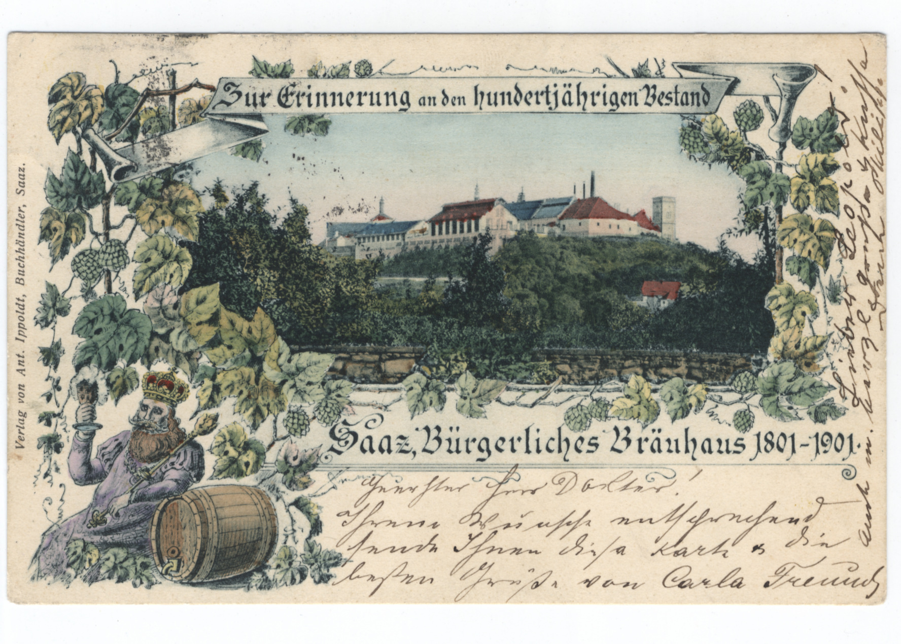 Jubilejní pohlednice žateckého pivovaru s králem Gambrinem