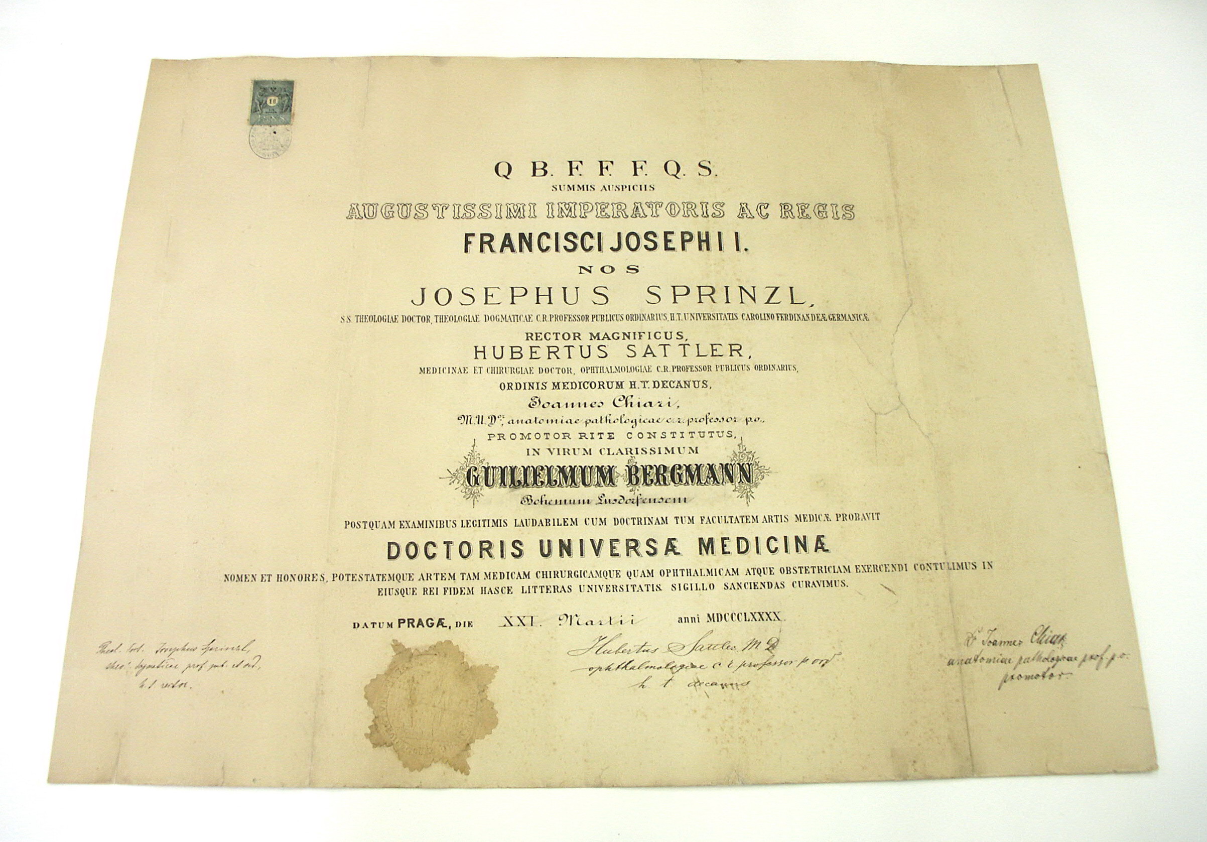 Diplom z pražské univerzity roku 1890
