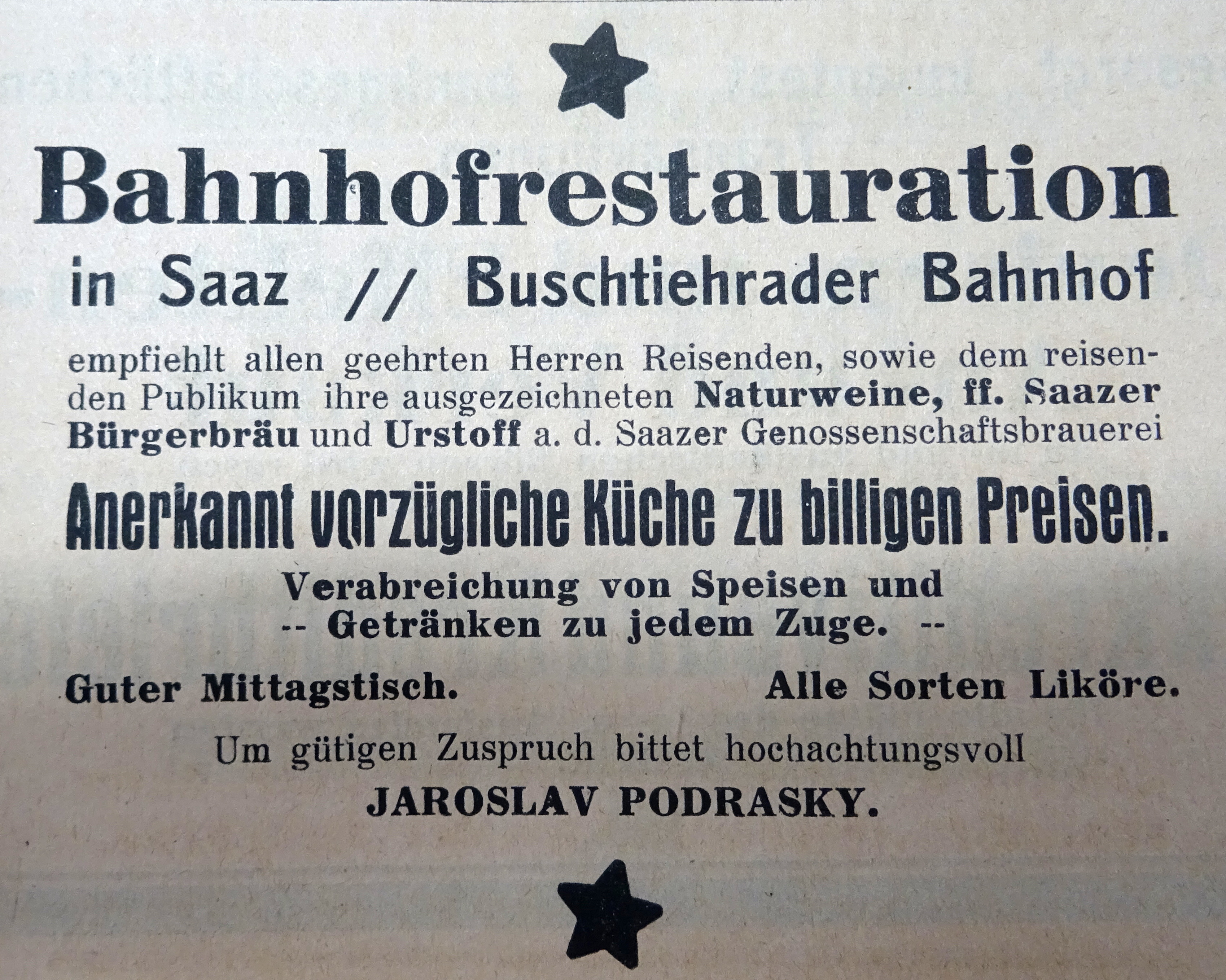 Reklama restaurace na žateckém nádraží z adresáře pro rok 1924