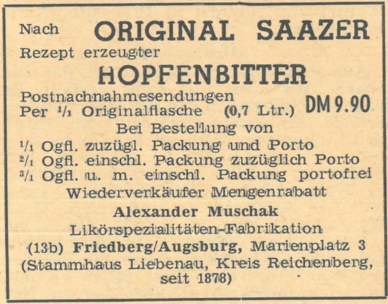 Reklama na staronovou Žateckou hořkou z Heimatbriefu 1952