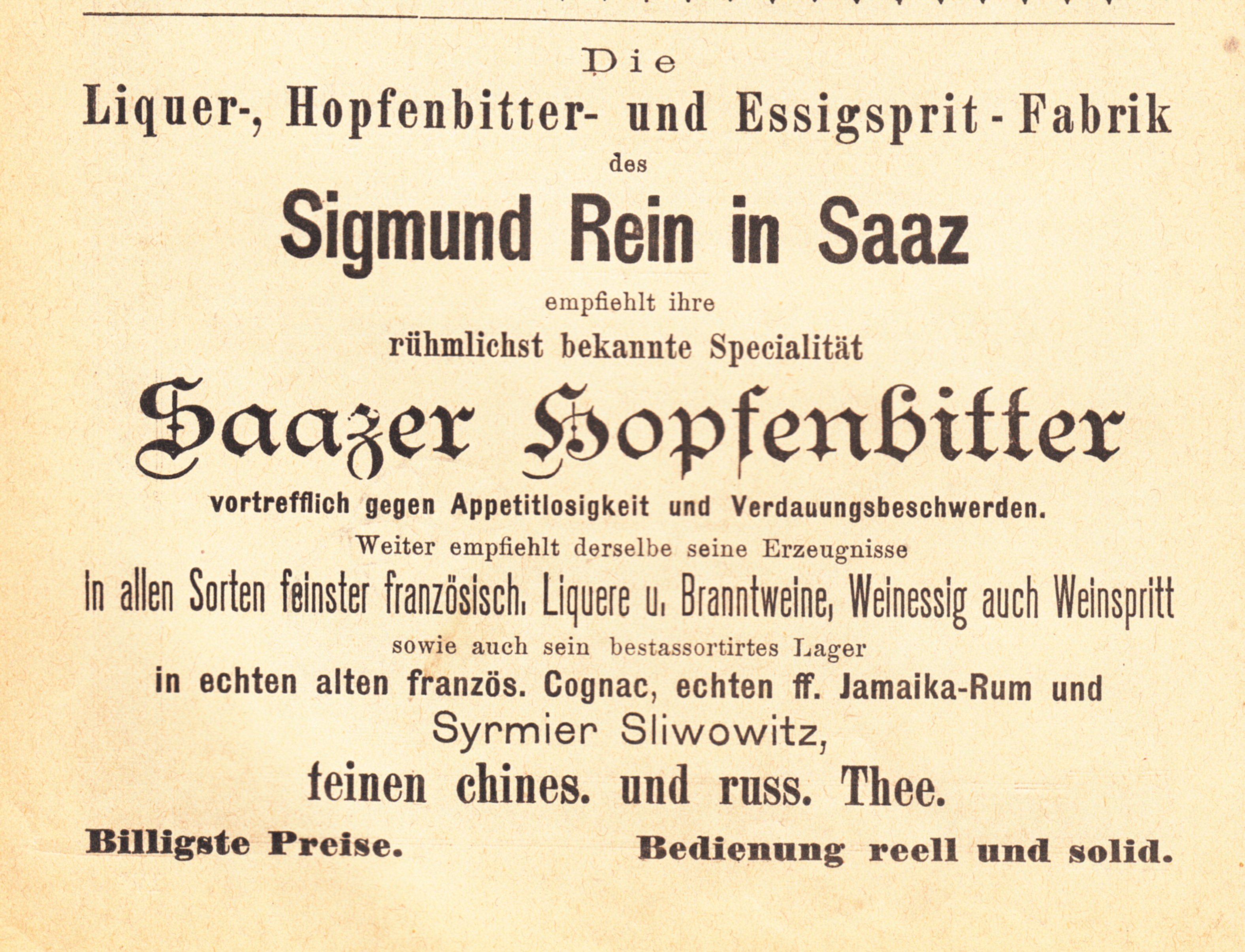 Reklama Reinovy likérky z roku 1889