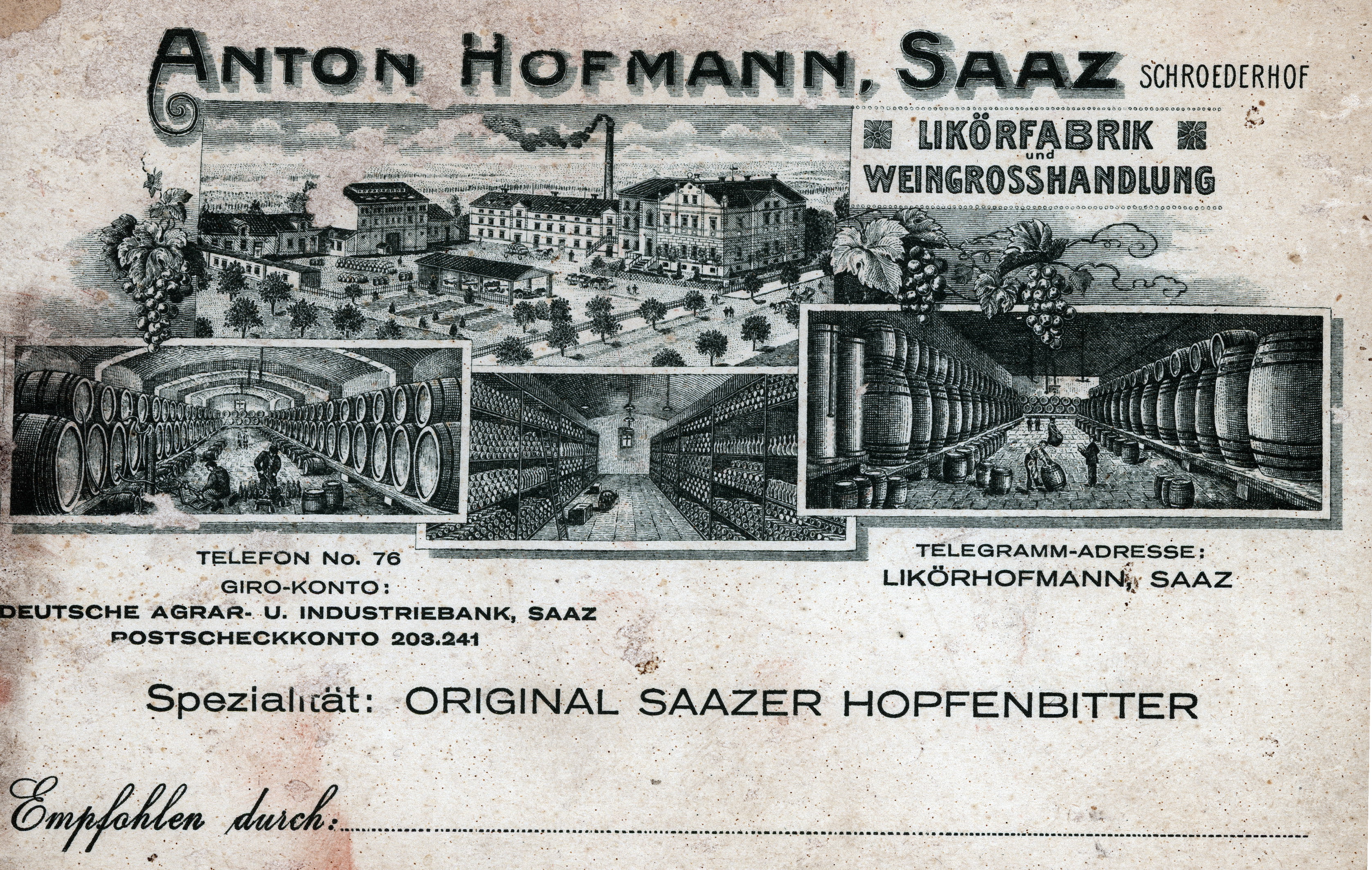 Reklamní lístek Hofmannovy likérky z prní republiky