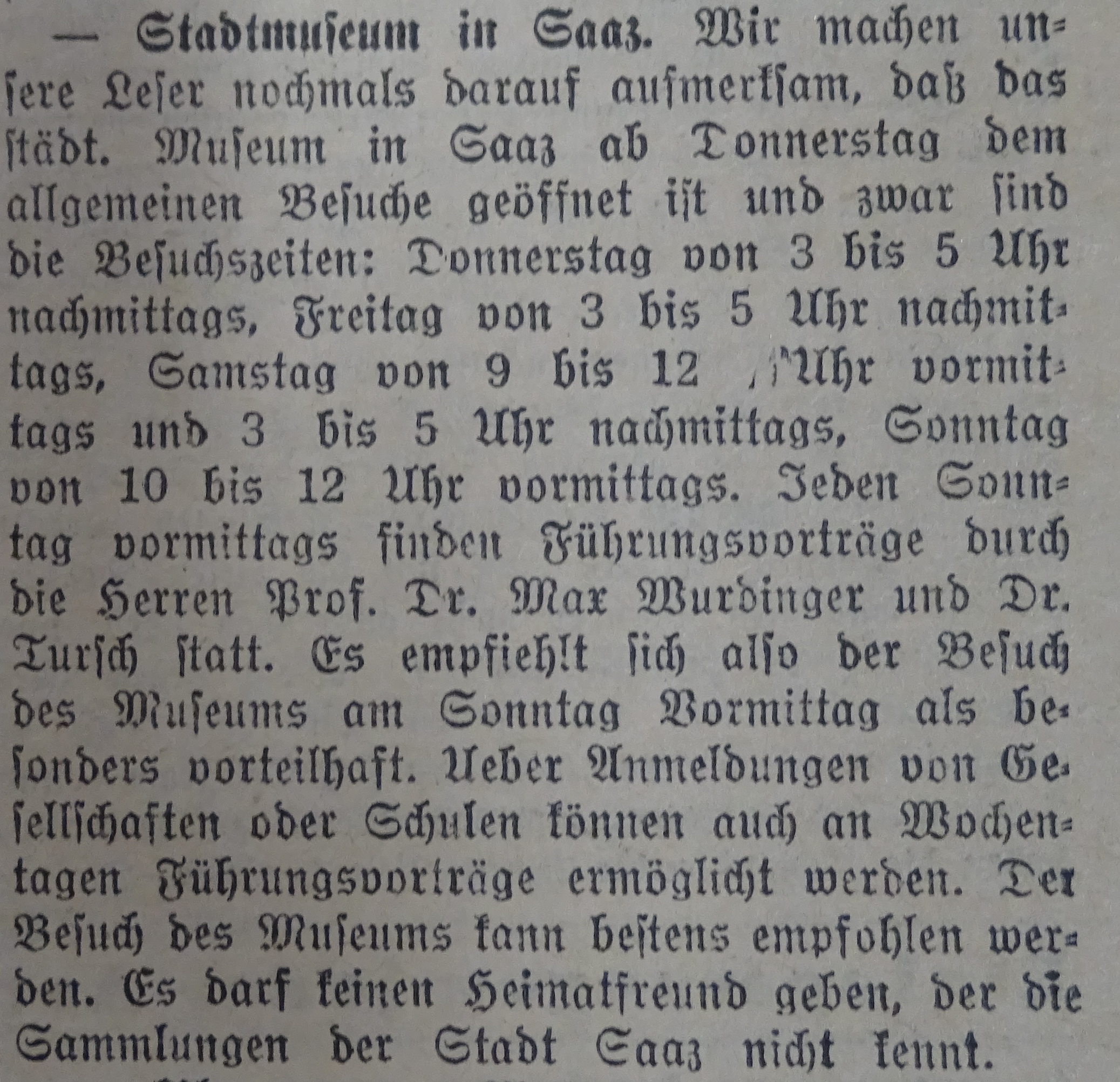 Pozvánka do nových expozic městského německého muzea z noviny Saazer Anzeiger 11.5.1930