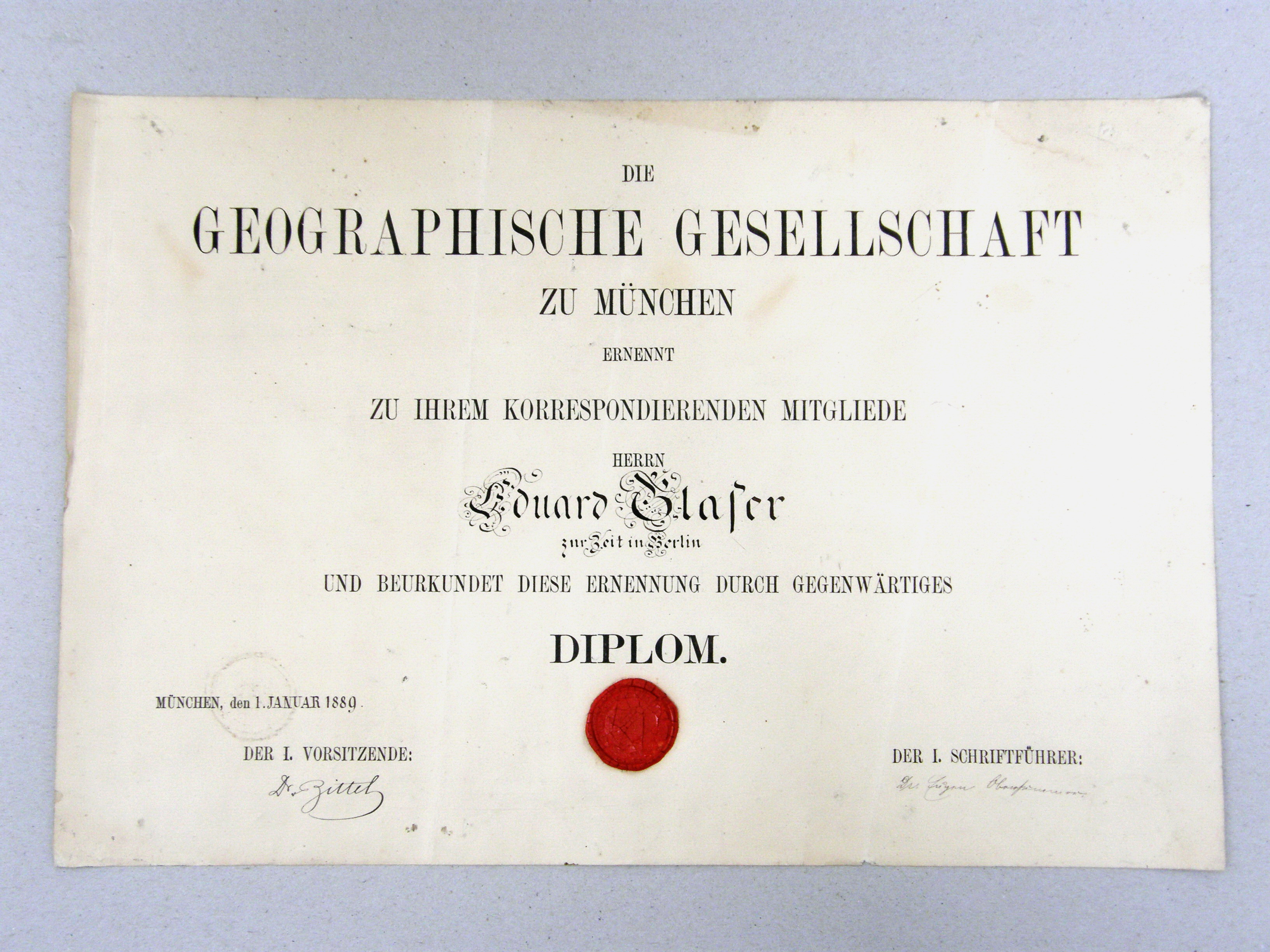Diplom pro Eduarda Glaera od Geografické společnosti v Mnichově