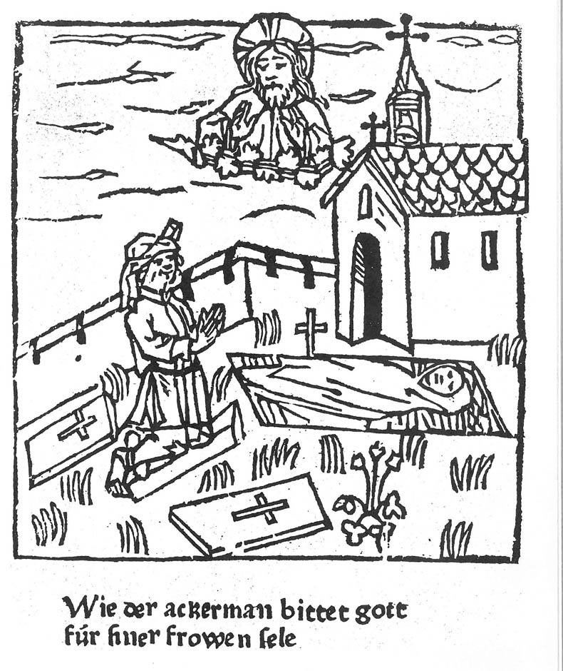 Dřevoryt z 15. století  - oráč se modlí za duši své ženy