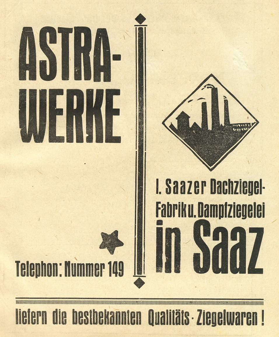 Reklama cihelny Astra z roku 1930 ze žateckého adresáře