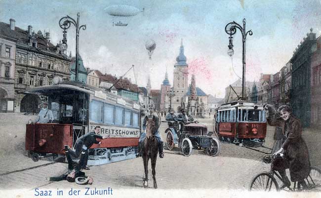 Dobová satira na pohlednici  - tramvaje v Žatci