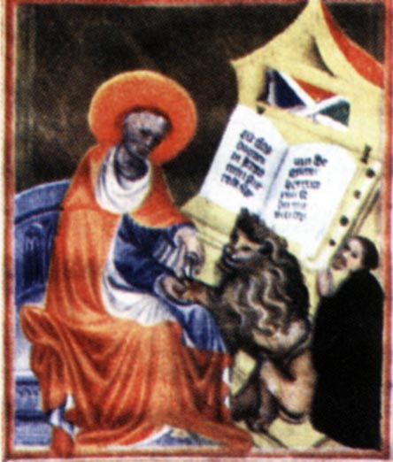 Ilustrace z Oficia sv. Jeronýma pravděpodobně s vyobrazením Jana ze Žatce - klečící postava vpravo