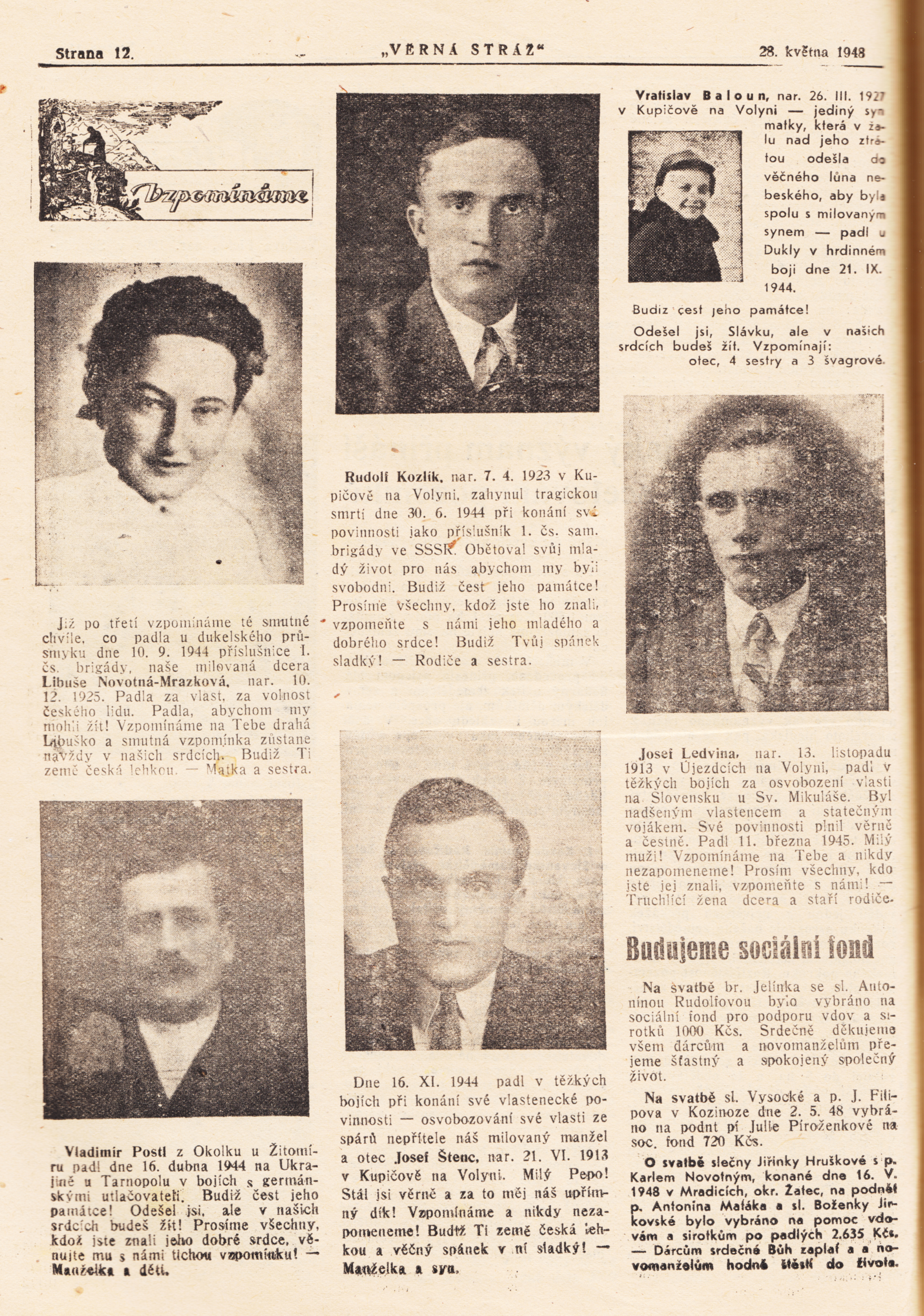 Rodinná vzpomínka na Libuši na stránkách Věrné stráže 28. 5. 1948