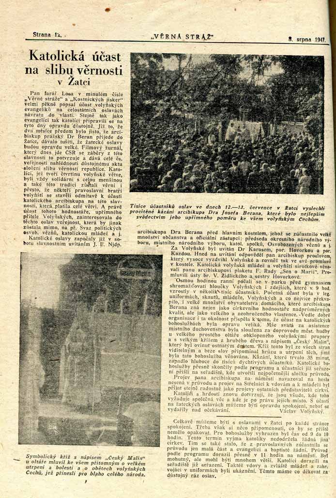 Arcibiskup Beran v Žatci na stránkách Věrné stráže 1947