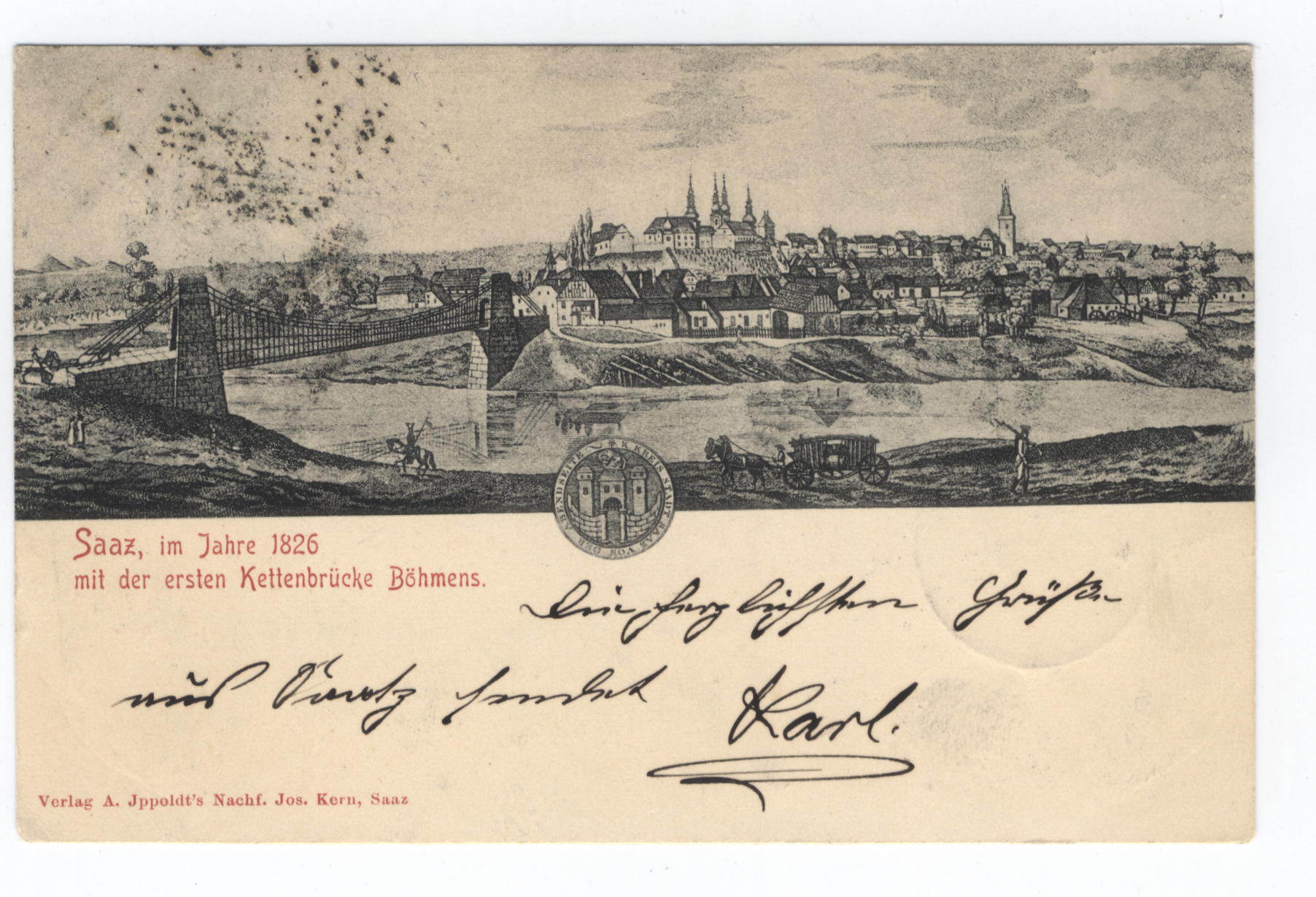 Řetězový most na pohlednici. Zobrazení, které doprovázelo i brožuru vydanou roku 1826 k položení základního kamene mostu.