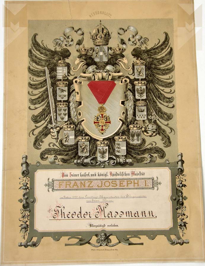 Pamětní list od císaře Františka Josefa pro Theodora Hassmanna z roku 1872