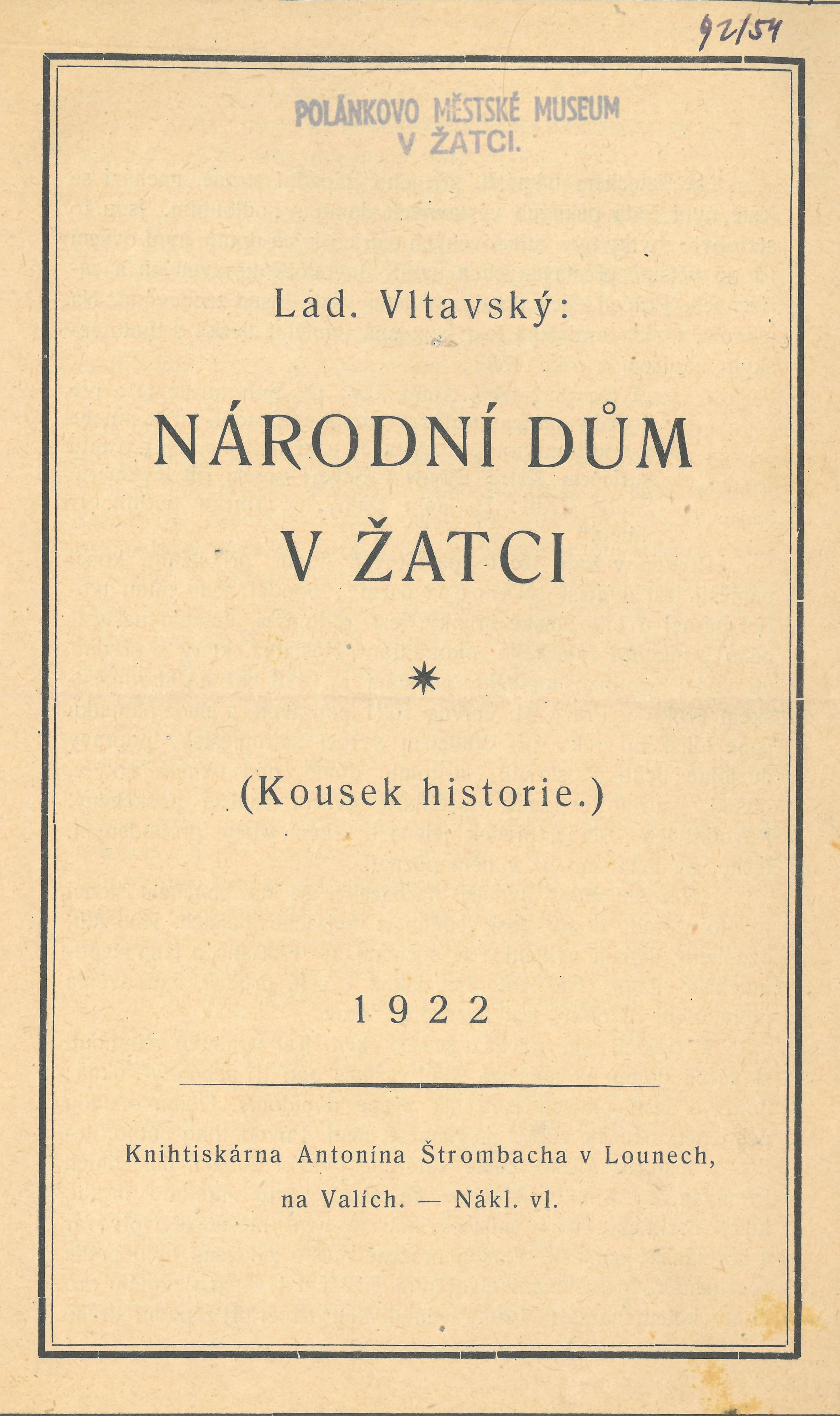 Titulka Vltavského brožuru Národní dům