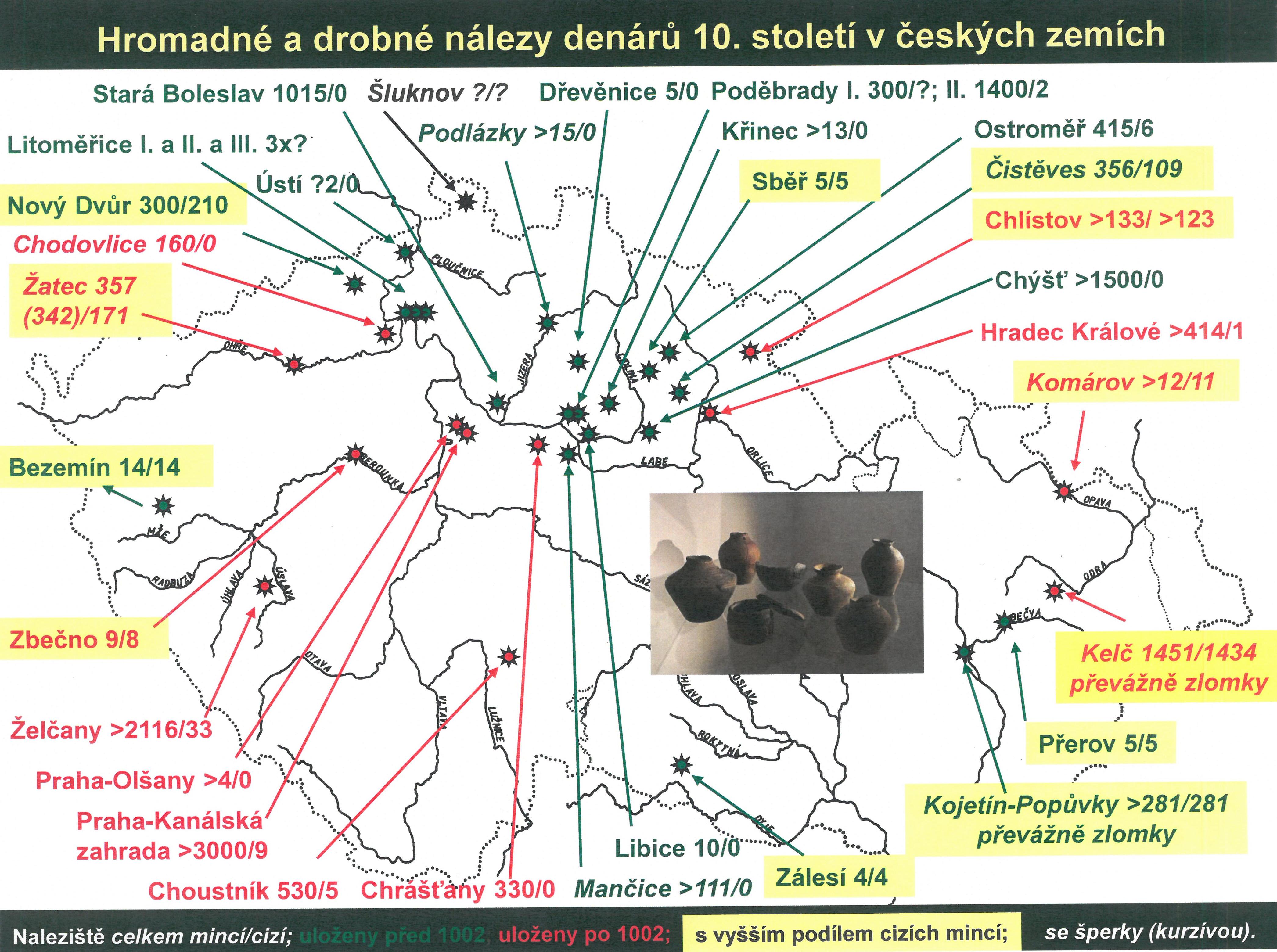 Mapa hromadných a drobných nálezů denárů 10. století v českých zemích